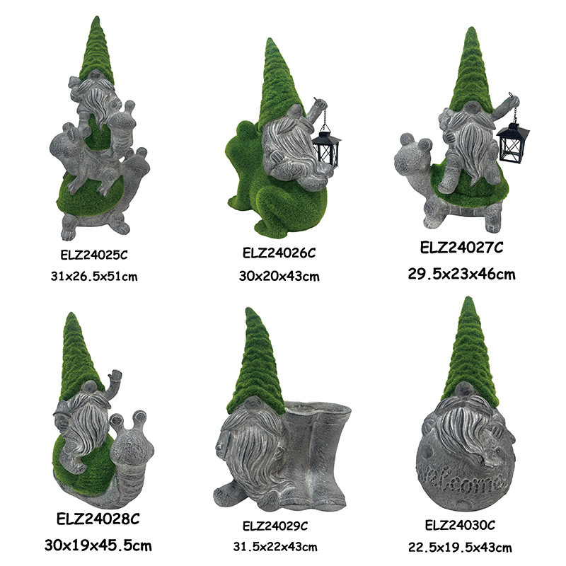 Fiber Clay Grass-Flocked Gnome Statues Gnomes ឈរកាន់គោម ជិះលើខ្យង និងកង្កែប (13)