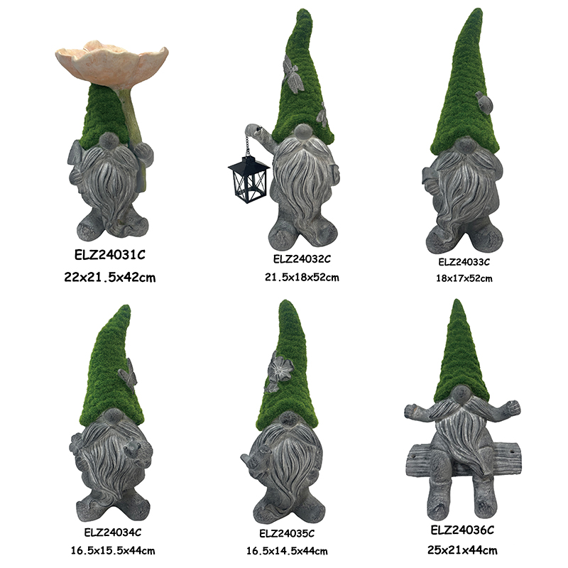 Fiber Clay Nyom-Flocked Gnome Statues Gnomes Sawv Tuav Teeb Teeb Caij Nkoj thiab Qav (14)