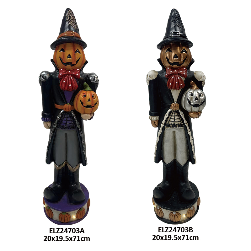 Fiber Clay Halloween Gentleman Figures Collection Spooky Pumpkin Head Wearing Hat Holding Jack (1)