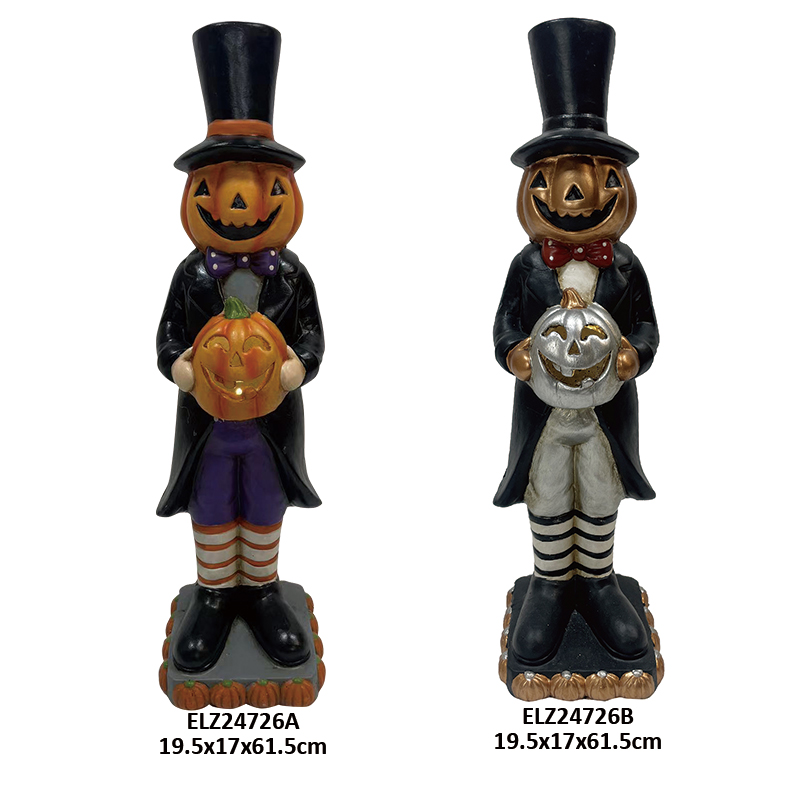 Fiber Clay Halloween Gentleman Figures Collection Spooky Pumpkin Head Wearing Hat Holding Jack (7)