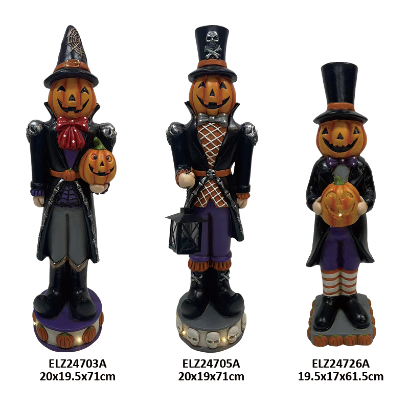 Fiber Clay Halloween Gentleman Figures Collection Spooky Pumpkin Head Wearing Hat Holding Jack