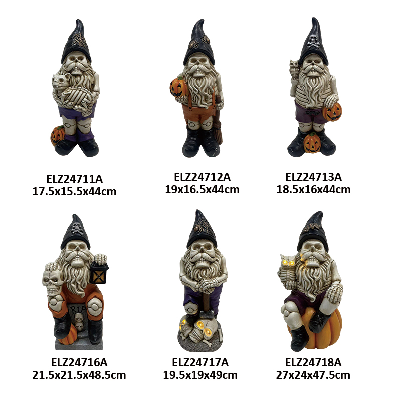 “Halloween Spooky Collection Gnomes” skeletini we kädini süpürgiç pişik çyrasyny saklaýar