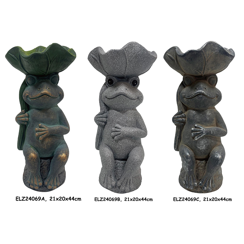 Katingad-an nga Baki nga Nagkupot sa Lily Pads Matahum nga Frog Statues Dekorasyon Alang sa mga Patio sa Tanaman sa Indoor nga mga Luna (1)